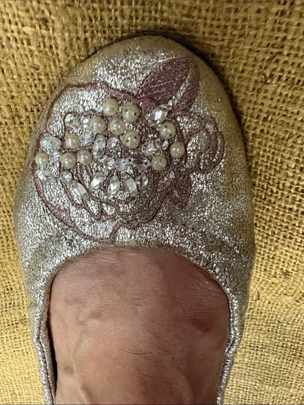 Sex and the City embellished distress gold Ballet flats
